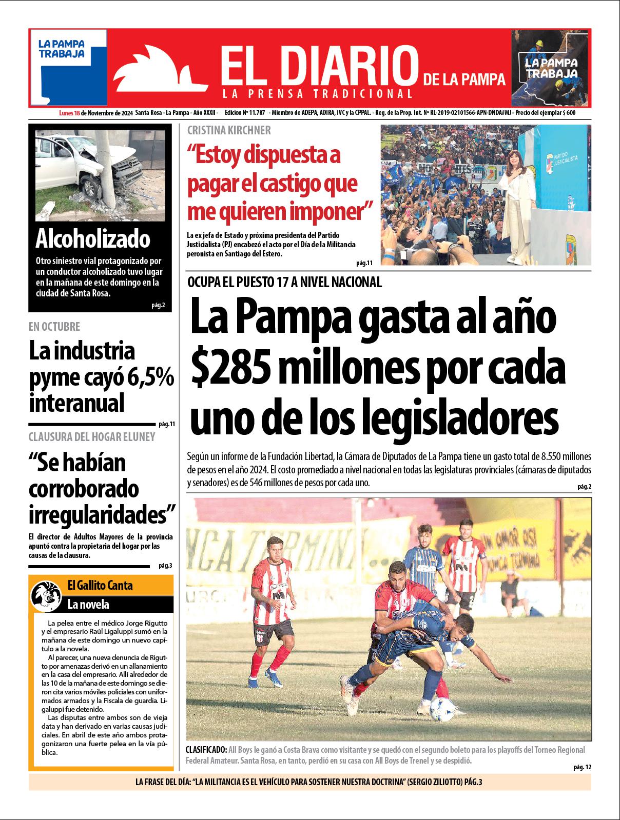 Tapa de El Diario en papel  lunes 18 de noviembre de 2024